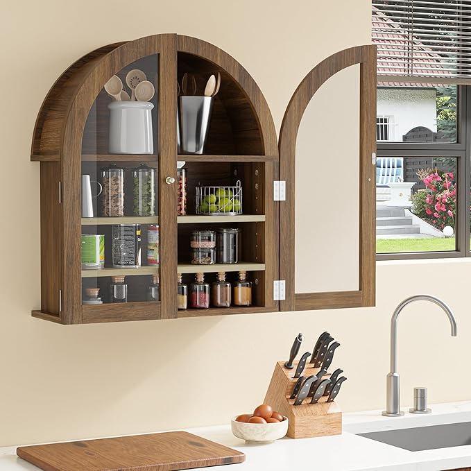 HOACT Arch Bathroom Wall Cabinet with Glass Door, 23.6" Above Toilet Storage Cabinet with Adjustable Shelves, Natural Medicine Cabinet for Kitchen, Laundry Room, Bedroom, Walnut