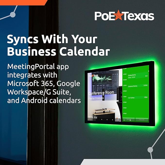 PoE Texas Low Profile 10-Inch Touchscreen Conference Room Scheduler PoE Tablet with Visible LED Status Ring and MeetingPortal App - Touch Screen Digital Display Syncs with Your Business Calendar