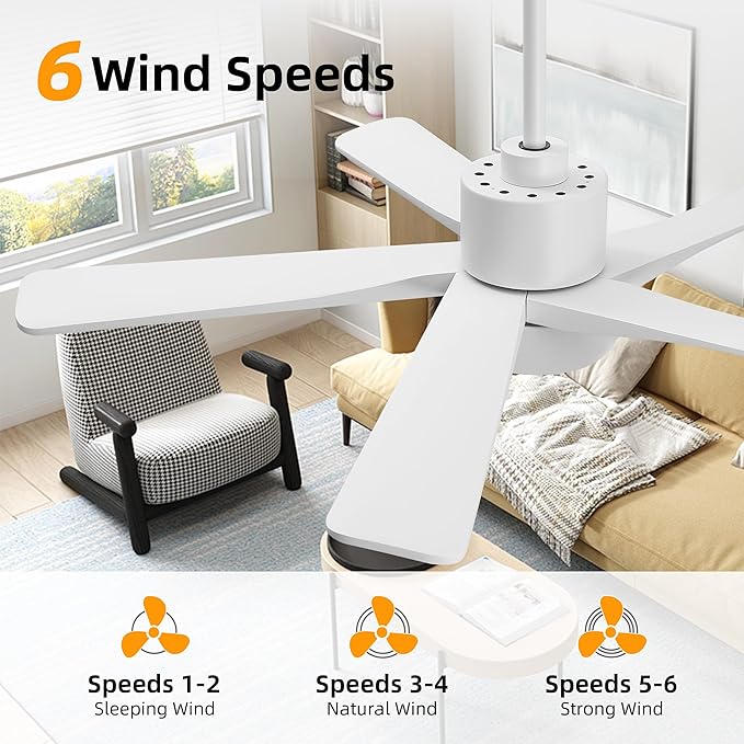 WINGBO 48 Inch DC Ceiling Fan with Lights and Remote Control, 5 Carved Solid Wood Blades, 6-Speed Noiseless Reversible DC Motor, Indoor Ceiling Fan in Gloss White Finish with White Blades