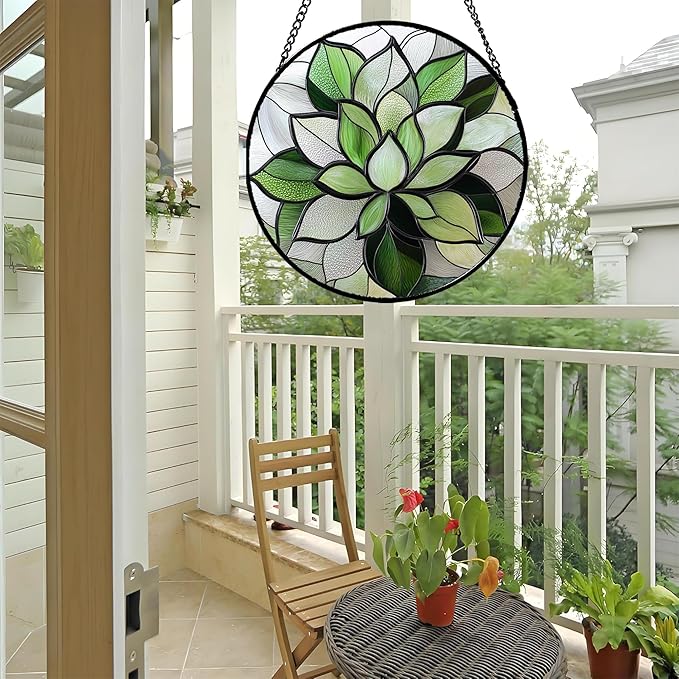 CRISGIF Stained Glass Window Hanging - Ireland Green Plants Suncatcher for Doors Garden Succulent Sun Catchers Decor Mother's St. Patrick's Day Birthday for Women Men Mom Nana 9.8 in