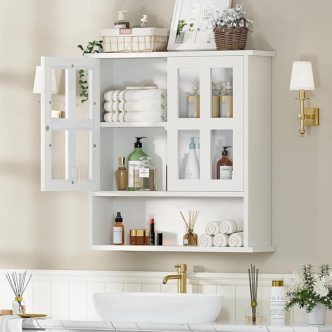 Modern Hanging Bathroom Cabinet, Sturdy Wooden Medicine Cabinet with Buffering Hinge & Anti-Scratch Door, Space-Saving Wall Mounted Over Toilet (Cross-Panel Door)