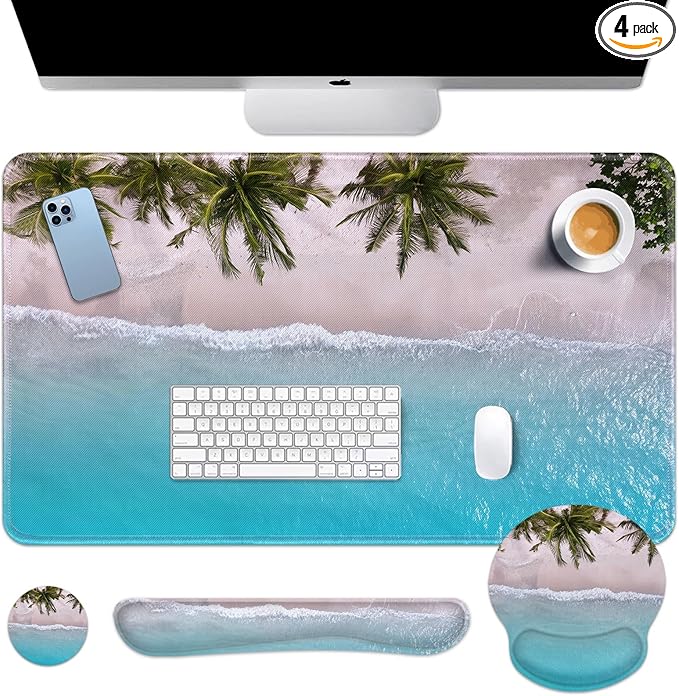 Britimes Blue Turquoise Ocean Keyboard Mouse Pad Set Beach Summer 4in1 Large Mousepad+Keyboard Wrist Rest+Mouse Wrist Rest+Coaster Ergonomic Design for Home Office Computer 35.4x15.7 inches