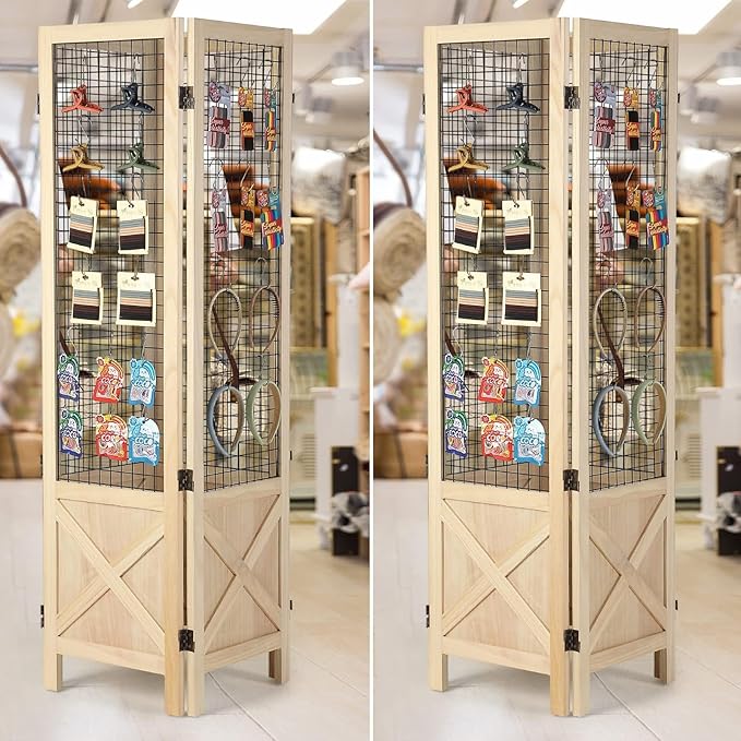 Wnutrees 4 Panel Gridwall Display, Portable Freestanding Display Board for Craft/Art Shows, Retail, Events, Decorative Wood Room Divider Folding Screens, Natural