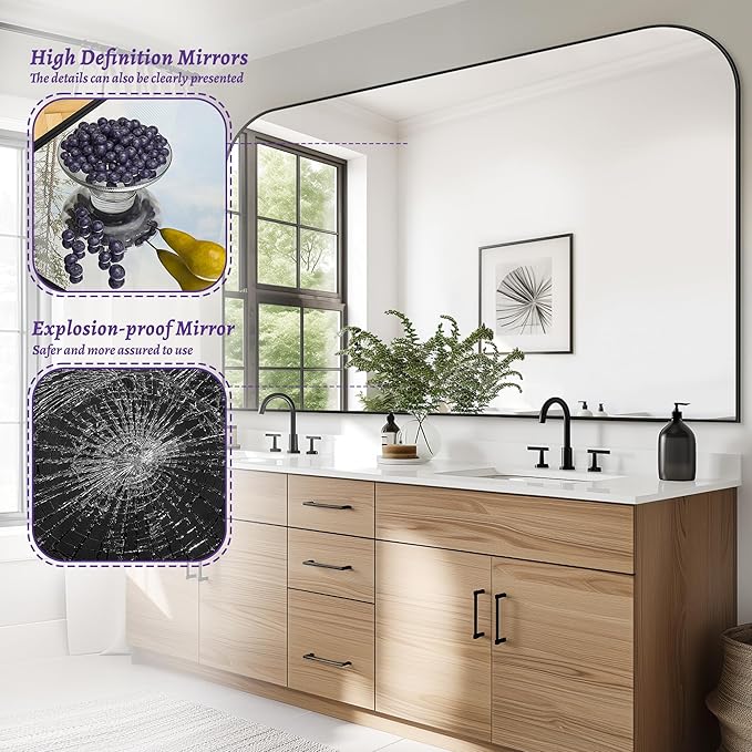 Bathroom Mirror, Wall Mirrors, Black Metal Framed Wall-Mounted Mirrors, Bathroom Vanity Mirror for Over Sink, Living Room, Bedroom, Entryway, 55x36 Inch, Black