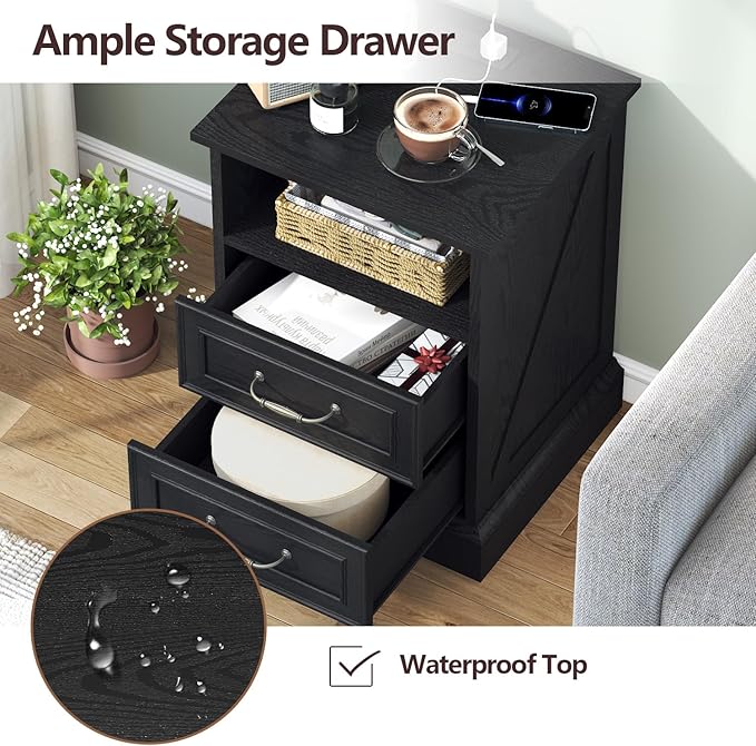 Nightstand with Charging Station,18" Wide End Table with 2 Large Drawers & Metal Handles,Rustic Farmhouse Wood Small Dresser,Bedside Table,Modern Chest of Drawers for Bedroom,Living Room,Black