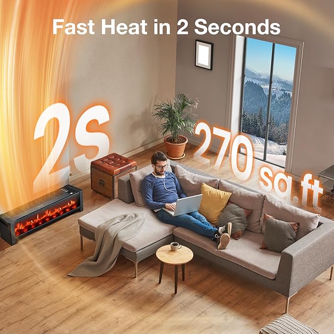 Air Choice 33” Baseboard Heater, 1500W Fireplace Heater with Top Air Outlet, Remote, Adjustable Thermostat, 12H Timer, Overheat&Tip-Over Protection, No Fan Design, Space Heater for Large Room Office