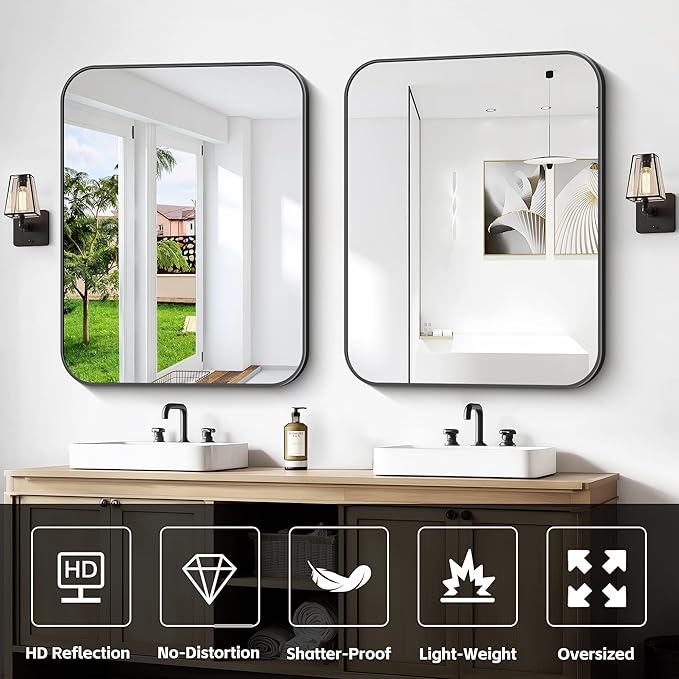 Bathroom Mirror, 30 x 24 inch Metal Framed Black Rectangle Mirror, Rounded Corner Rectangular Vanity Mirror, Wall Mounted Mirror for Modern Bedroom Living Room Hangs Horizontal or Vertical
