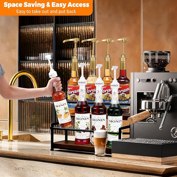 Coffee Syrup Rack Organizer - 2-Tier 10 Syrup Bottles Holder for Coffee Bar, Liquor Bottle Display Shelf - Rustic Kitchen Cabinet for Spices, Jars - Stepped Pantry Shelf for Wine, Tea & Bottles