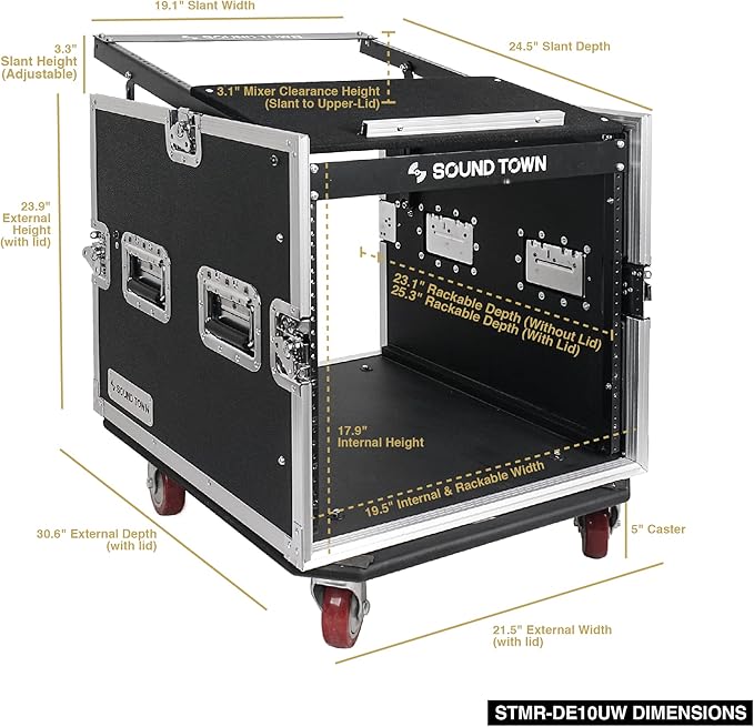 Sound Town Enhanced Thickness 1/2" (12mm) Plywood 10U Audio Rack/Road Case with 14U Slant Mixer Top, 25’’ Rackable Depth and Casters-Pro Tour Grade (STMR-DE10UW)