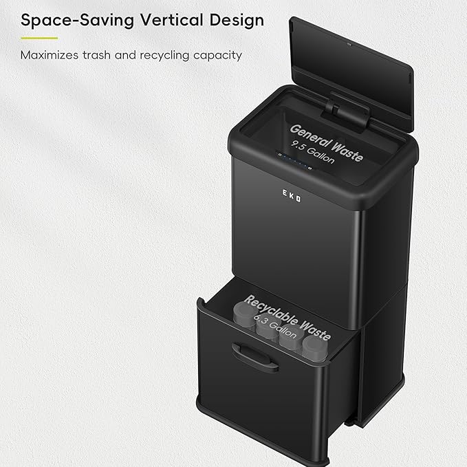 EKO Vintage 50L / 13.2 Gallon Motion Sensor Trash Can, Dual Compartment 32L + 18L Stainless Steel Kitchen Garbage Bin, Touchless Automatic Waste & Recycling Bin with Lid for Home Office, Matte Black