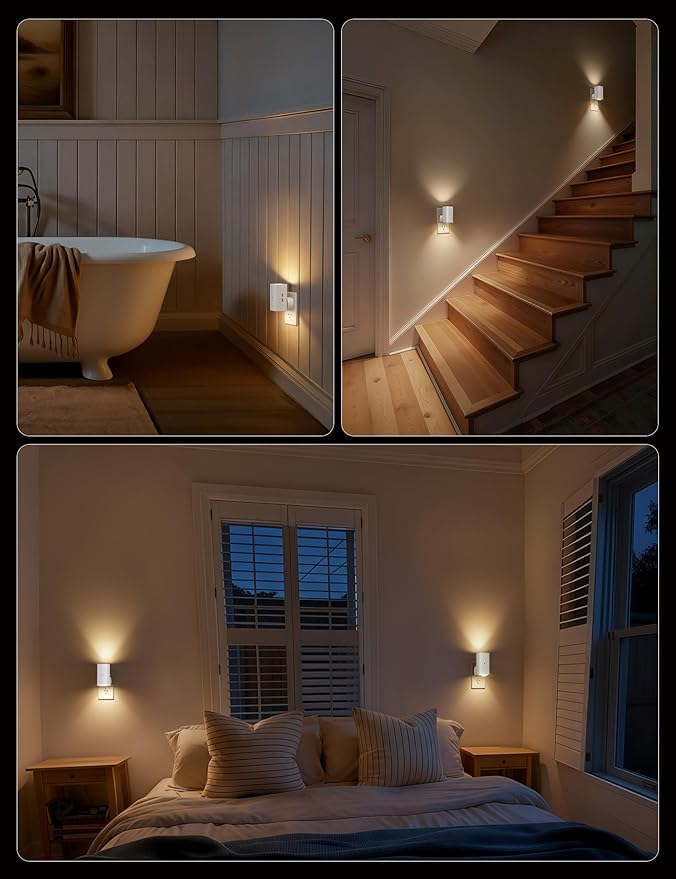 Brightown 2 Pack White Night Lights Plug into Wall, Modern Night Light with Rotating Plug, Dusk to Dawn Sensor, 0-100LM Stepless Dimming Aora Night Light for Hallway Bedroom Bathroom, Soft White