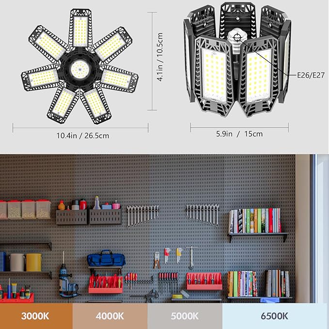CHENGCHILIT LED Garage Light - 200W 20000LM 6500K LED Garage Ceiling Lights with 7+1 Adjustable Panels, Shop Lights Screw in E26 E27 Bulb Socket for Workshop, Storage Room, Basement, Warehouse