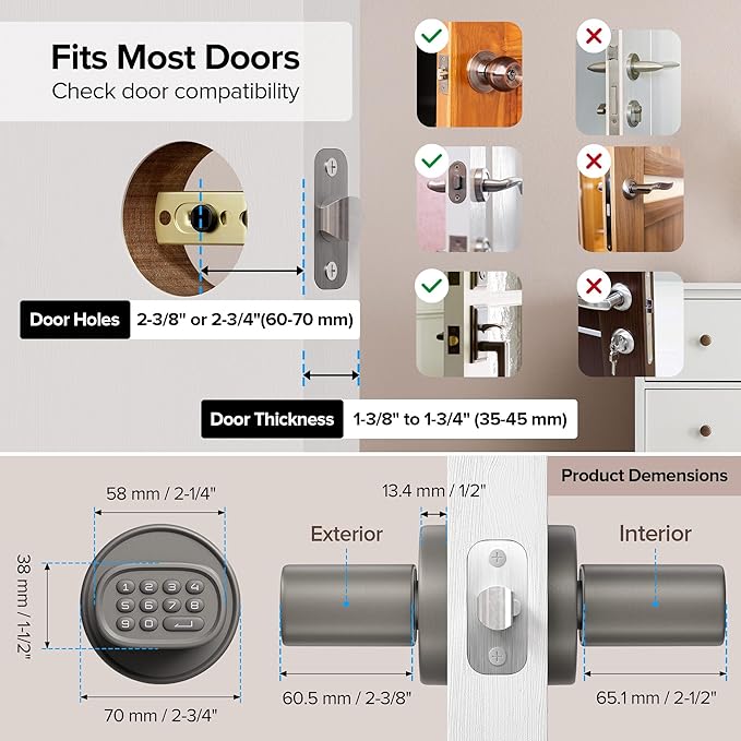 ThorBolt Keyless Entry Door Lock, Fingerprint Door Lock with Keypad Biometric Door Knob, Auto-Lock for Interior Doors Thickness up to 2-1/4", Bedroom, Home Office, Garage, 4xAA Alkaline, MD1 Titanium