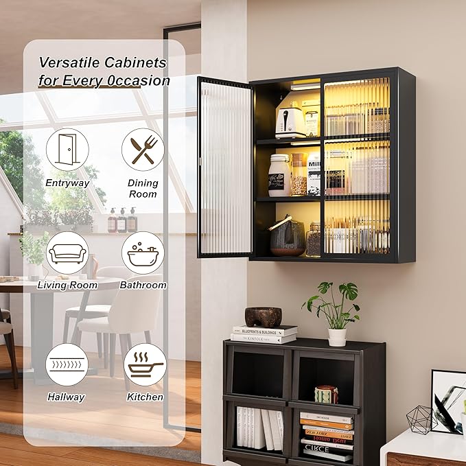 Bathroom Wall Cabinet Over Toilet, Metal Laundry Room Cabinets Wall Mounted, Metal Medicine Cabinets with Glass Doors, Hanging Wall Cabinets for Living Room, Black