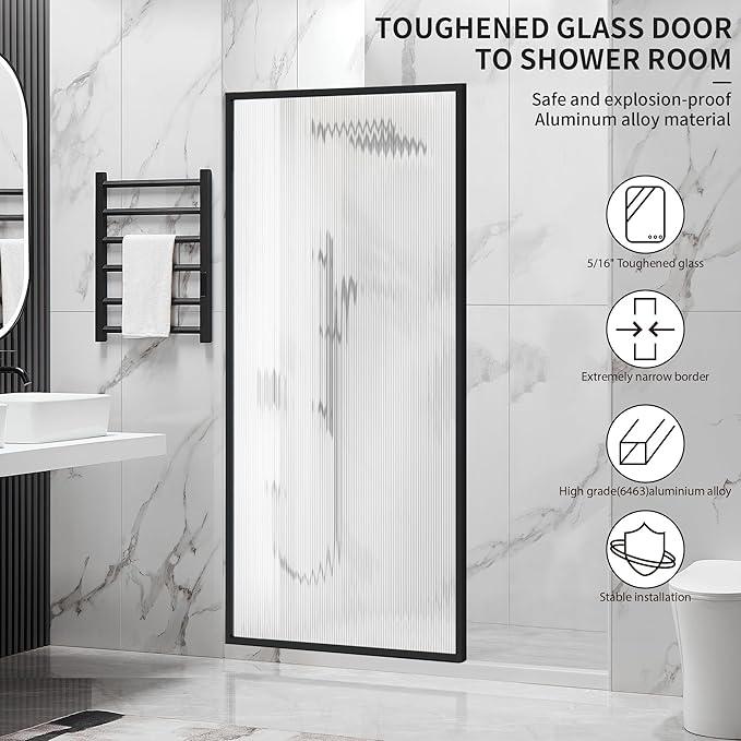 Shower Door 34" X 74" Clear Tempered Fluted Glass Framed Shower Screen Shower Panel for Walk-in Bathroom Shower, Matte Black Finish