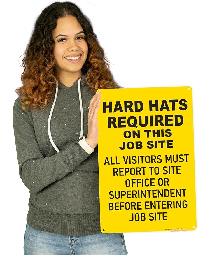 Brimar - 12" x 18" - Hard Hats Required on Job Site Sign - .063″ White Rust-Free Aluminum - High Visibility - Easy Installation