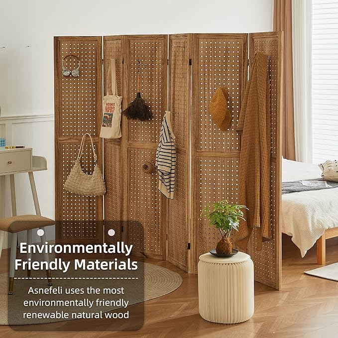 Asnefeli Pegboard Display Room Divider with 24 Hooks, 6 Panel 5.6Ft Wood Room Divider Folding Privacy Screen, Portable Freestanding Wall Organizer for Retail Craft Art Display Board, Natural