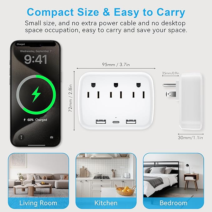 Penemay Multi Plug Wall Outlet Splitter With USB, Multiple Outlet Extender Surge Protector With 3 USB Ports(1 USB C PD20W), Electrical Outlet Adapter Extension for Travel Home Office Dorm 2 Pack White
