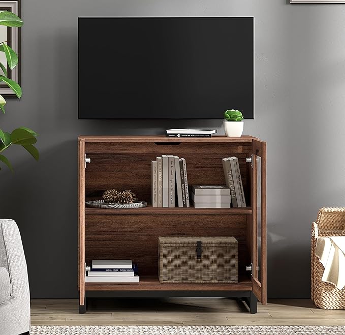 WAMPAT Modern TV Stand with Glass Doors for 32-40 inch TVs, Entertainment Center TV Console with Adjustable Shelves for Living Room, Bedroom, Brown