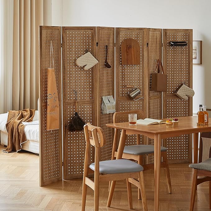 Asnefeli Pegboard Display Room Divider with 24 Hooks, 6 Panel 5.6Ft Wood Room Divider Folding Privacy Screen, Portable Freestanding Wall Organizer for Retail Craft Art Display Board, Natural