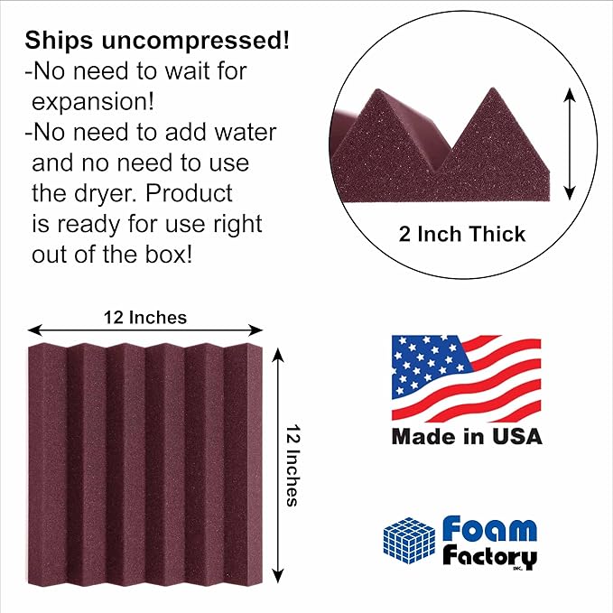 Foam Factory Inc 24 Pack Color Acoustic Foam Panel Studio Soundproofing Wedge Wall Tiles 12” X 12” X 2” (Plum)