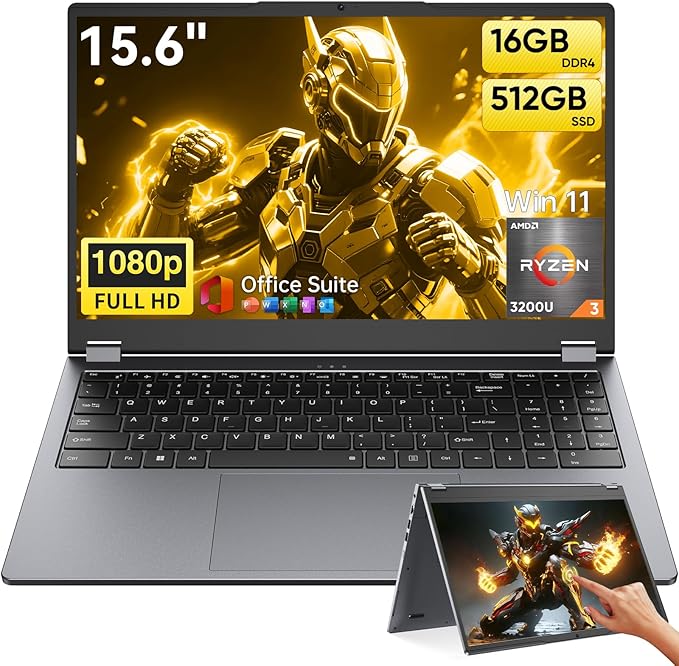 Moxalc Laptop Computer, 15.6" 16GB RAM 512GB SSD AMD Ryzen R3 3200U(up to 3.5 GHz) Radeon Vega 3 360° Yoga FHD IPS Touchscreen Notebook Win 11 Pro Office Suite 2.4G&5G WiFi 5 BT 5.0 Blacklit Keyboard