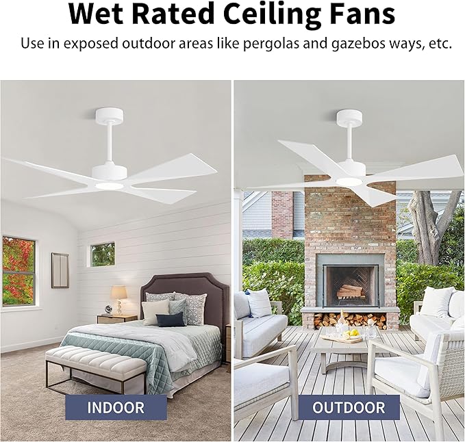 WINGBO 54" Wet Rated Outdoor Ceiling Fan with Lights, 4 ABS Plastic Blades, Reversible DC Motor, 6-Speed Remote Control, 3 CCT, Waterproof Ceiling Fan for Patio Porch Gazebo Garage, Gloss White