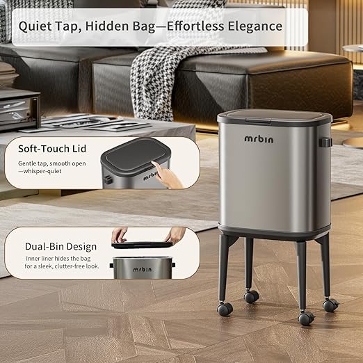 MRBIN Stainless Steel Slim Bathroom Trash Can with Legs and Wheels, 15L / 4gal Toilet Press Lid Waste Basket, Covered Office Garbage Pail for Near Desk, Narrow Vanity, Rvs, Kitchen, Eclipse Grey