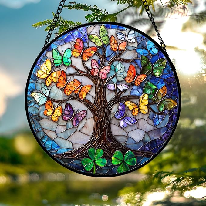 DASTOLL Stained Glass Window Hanging, Butterfly Tree Clover Sun Catchers Glass Panel Blue Suncatcher Decor for Birthday for Women, Men, Wife, Aunt, and Mom 14.9x14.9 in