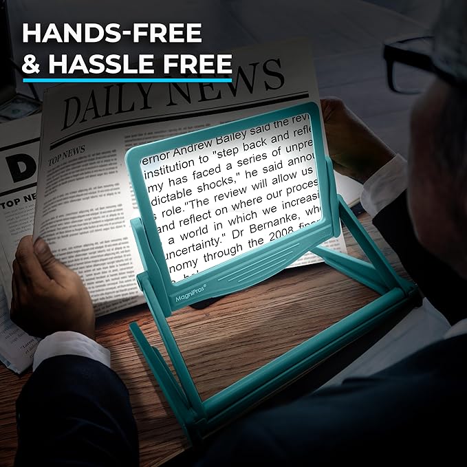 MAGNIPROS 5X Large LED Full Page Magnifying Glass w/Collapsible Hands-Free Stand & 3 Color Light Modes to Reduce Eye Strain-Ideal Reading Small Prints, Crafting, Low Vision & Seniors