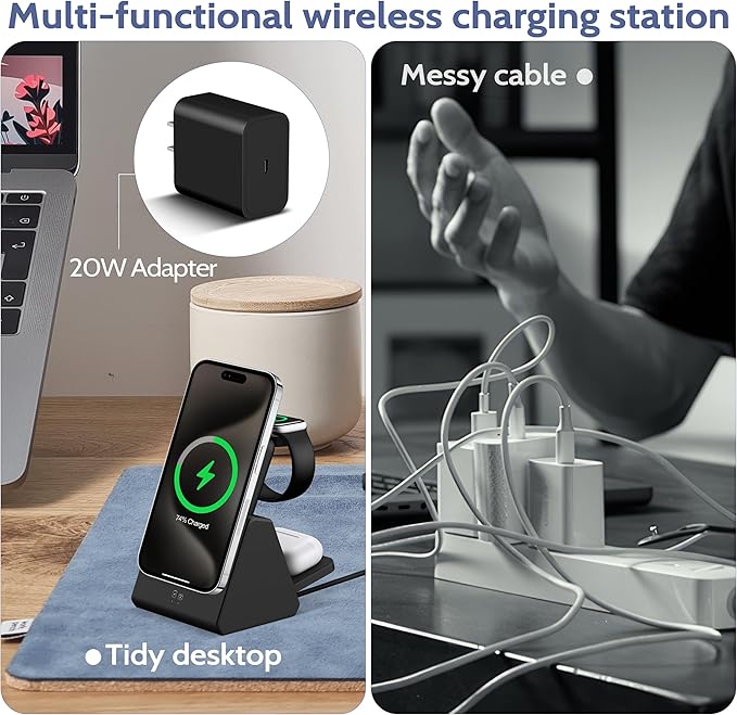 Smtcsl 3-in-1 Wireless Charging Station: Portable 5000mAh Power Bank Charger Compatible for Phone Air/17/16/15/14/13/12 Series and Watch - Detachable Magnetic Charging Stand Black