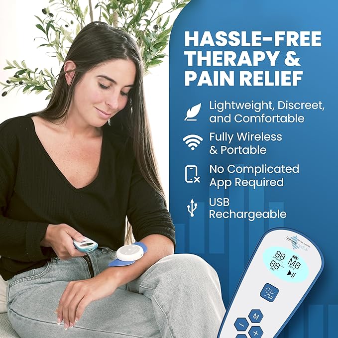 Soterix Medical PainX TENS Wireless Tens Unit Muscle Stimulator with EMS - FSA Tens Unit for Back Pain, Knee, Neck and Face with USB Rechargeable Device and Remote, Designed in USA, 4 Electrode Pads