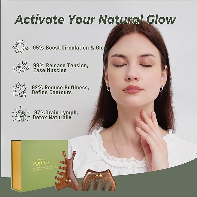 4-in-1 Wooden Gua Sha Tool Set – Facial, Body & Scalp Manual Guasha Massage Tool for Tension Relief, Includes Portable Mini Wooden Comb,Valentine’s Day Gift-Ready Box