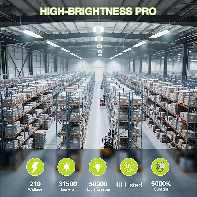 YXL LED Linear High Bay Shop Light 210W, Larger Central Lighting Area, 31500LM, 120-277V, 0-10V, 5000K, Commercial Linear High Bay Led Shop Lights for Warehouse Industrial Garage Workshops, UL