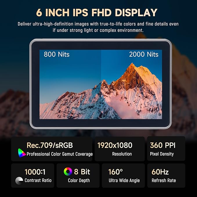 VILTROX DC-X2 2000 Nits Video Field Monitor with Rig Cage, 6 inch Touchscreen 4K HDMI in/Out On Camera Monitor with Sunshade Hood Battery, 1920X1080 HD Focus Peaking 3D Lut Full Waveform RGB Parada