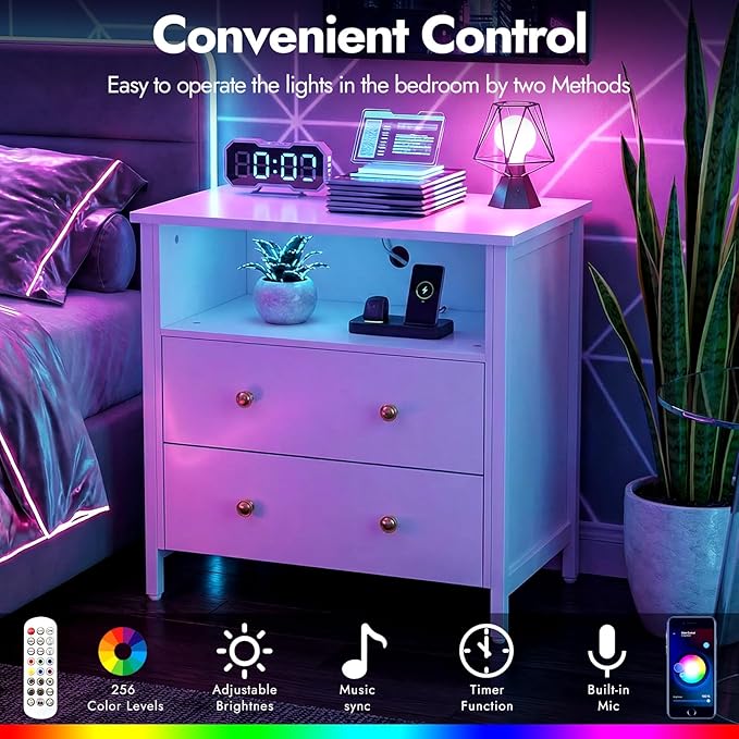 Tykacna 27 Inch Wide Night Stand, Large Wood Night Stand Set 2 with 2 Drawers, LED Nightstand with Charging Station and Adjustable Drawer, Bedside Table for Living Room/Bedroom/Study/Office, White.