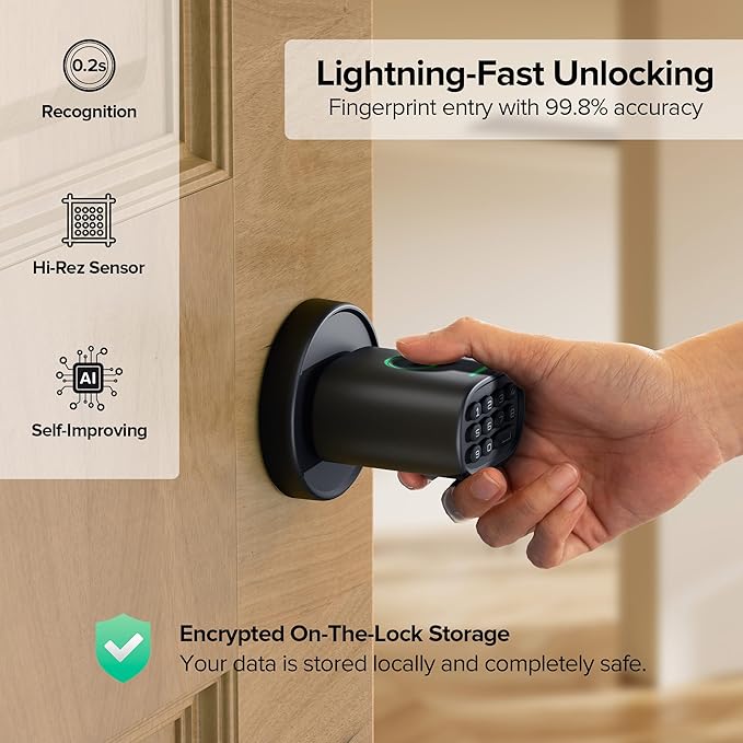 ThorBolt Fingerprint Door Knob, Keyless Door Knob with Keypad Biometric Electronic Thumbprint, Auto-Lock for Interior Doors for Bedroom, Home, Office, Garage, 4xAA Alkaline (NOT Included), MD1 Black