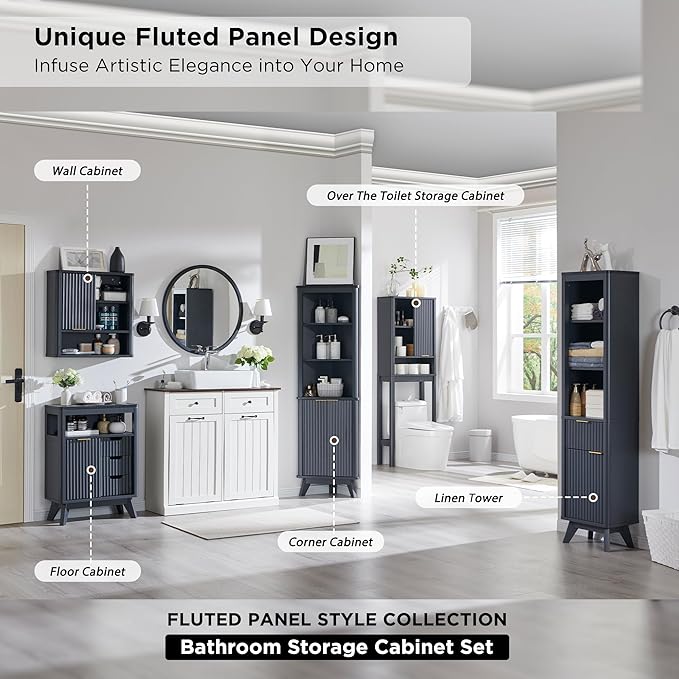 RedLemon Bathroom Wall Cabinet w/Fluted Sliding Door, Modern Medicine Cabinet w/Faux Marble Top & Adjustable Shelf, Curved Profile Wall Mounted Storage Organizer, Dark Grey