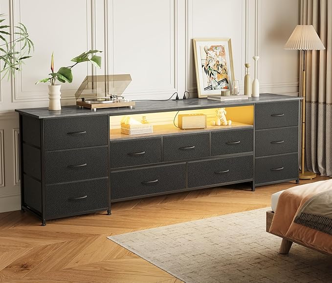 Huuger 70 Inch TV Stand for 75, 80 Inch TV, 11 Drawer Long Dresser with Power Outlets and LED Lights, Entertainment Center with Storage, Grey Dresser with PU Leather Surface, 1TS011H