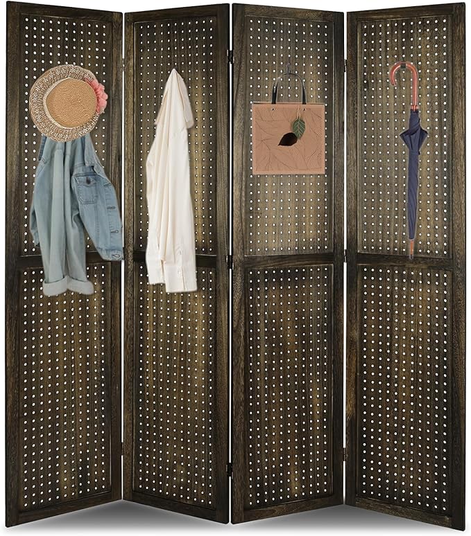 ECOMEX 4 Panel Room Divider, 5.6Ft Pegboard Display Wooden Room Divider Folding Privacy Screen Room Divider Freestanding Peg Board Display for Trade Show Craft Show Home Wall Organizer, Retro Brown