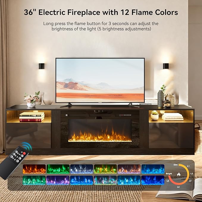 YISUFO 80” TV Stand with 36” Electric Fireplace, Large Modern Media Entertainment Center with Storage Cabinet and 12 Colors LED Lights for TVs Up to 90",All Black