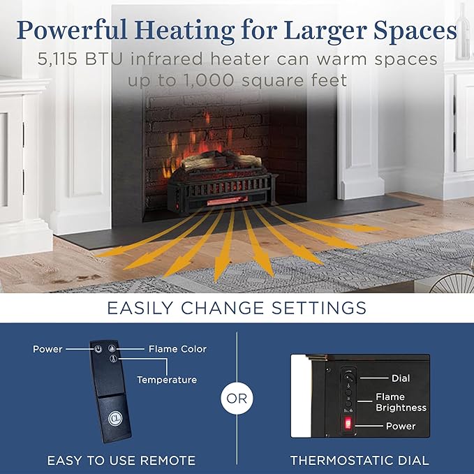 Country Living 23 inch Electric Log Set | Crackling Sound | 1000 Sq Ft Heater | Faux Logs Insert with Infrared Flames for Existing Fireplaces | Remote Control Included