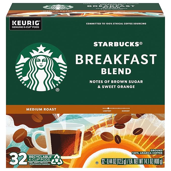 Starbucks Coffee K-Cup Pods, Breakfast Blend, Medium Roast Coffee, Notes of Brown Sugar & Sweet Orange, Keurig Genuine K-Cup Pods, 32 CT K-Cups/Box (32 Count (Pack of 2))