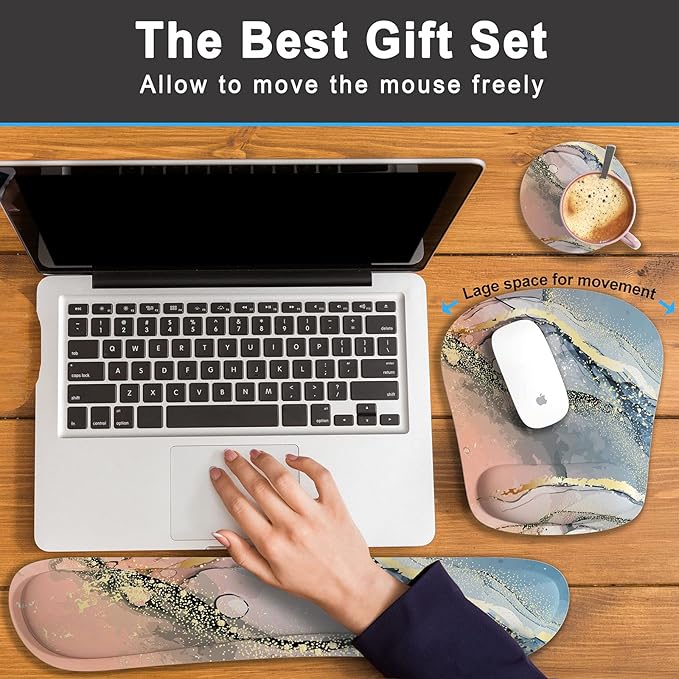Keyboard Wrist Rest Memory Foam Ergonomic Mouse Pad with Computer Wrist Support Set with Non-Slip Rubber Base Coaster for Home, Office Easy Typing and Pain Relief - Pink Marble