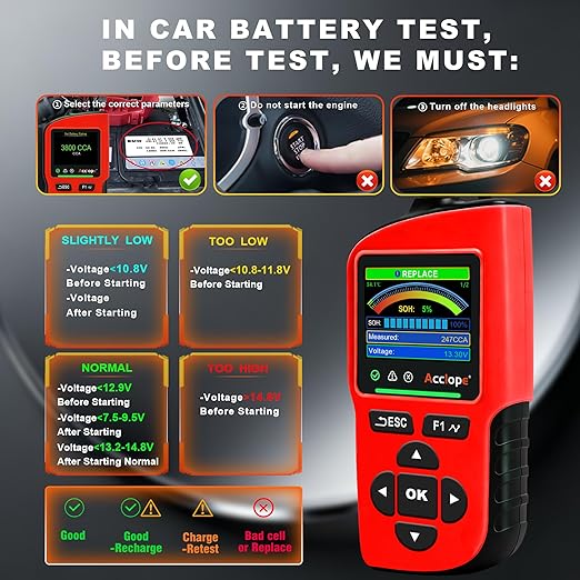 Acclope BT90 PRO 2-360Ah Battery Tester with Cloud Printing, 30-3800 CCA, 6V/12V/24V Digital Analyzer, SOH/SOC/Volt/Res/Cranking&Charging Test, Real‑Time Ambient Temp, AGM/EFB/Gel/Li