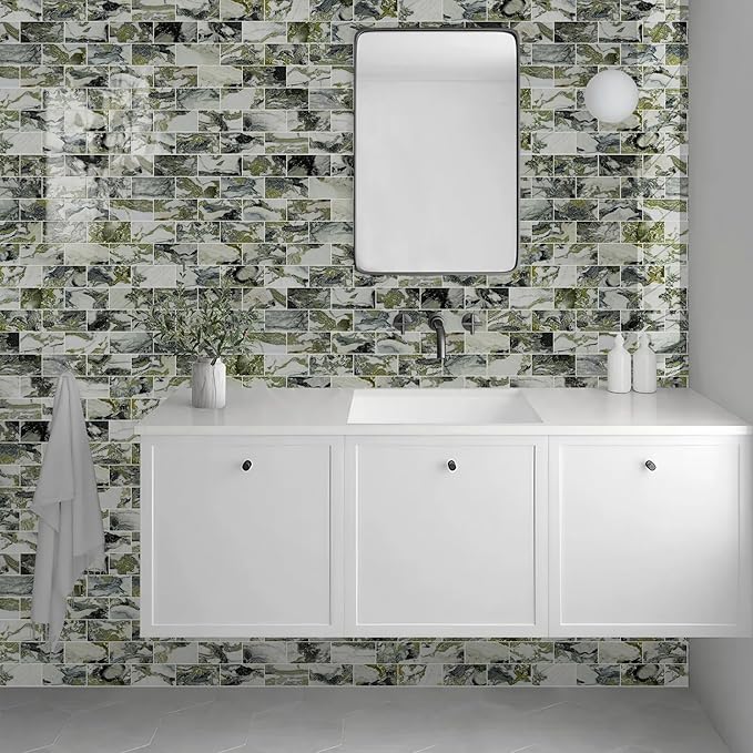Vamos Tile 100-Piece Glossy Ice Green Peel and Stick Backsplash Tile,3''x6'' PVC Subway Tile with White Grout,Stick on Backsplash for Kitchen/Bathroom/Fireplace