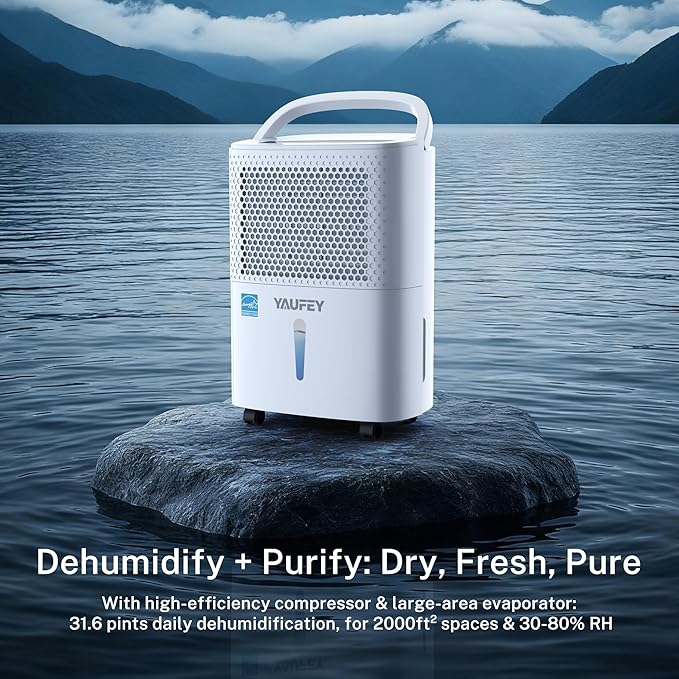 Yaufey 2025 Most Efficient Energy Star Dehumidifier for 2,000 Sq. Ft. Home, Basement and Large Room - Powerful, Quiet with Humidity Control, Timer, Drain Hose and Water Tank