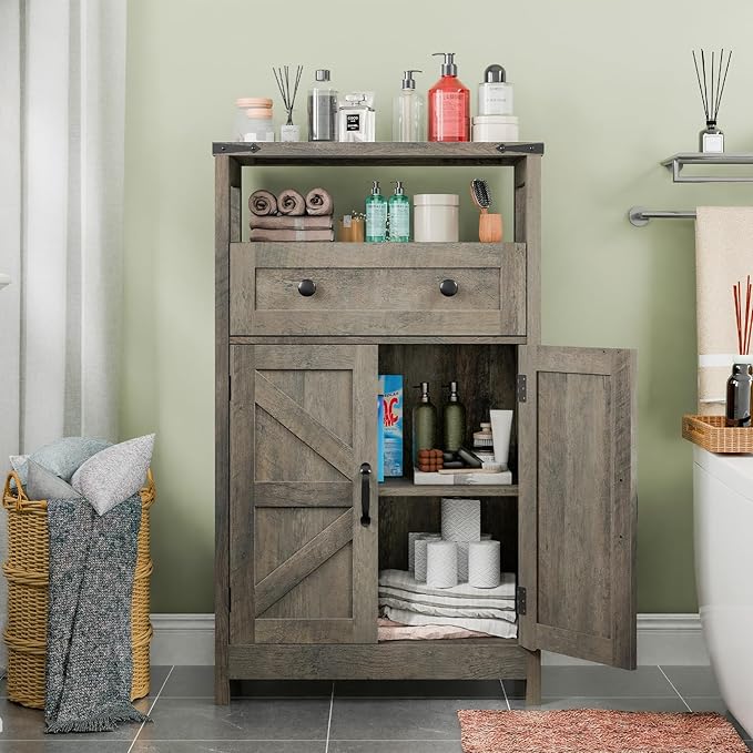 Farmhouse Bathroom Storage Cabinet with Barn Doors, Bathroom Storage Organizer with Drawers, Rustic Freestanding Floor Cabinet for Kitchen, Living Room, Grey