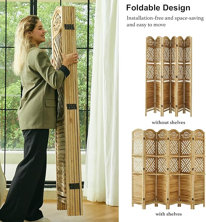 Svimi Room Divider with Shelves, 68.9inch Wood Carved and Louvered Wall Divider Freestanding, 6 Panels Folding Partition Screen for Bedroom Home Office (Natural)