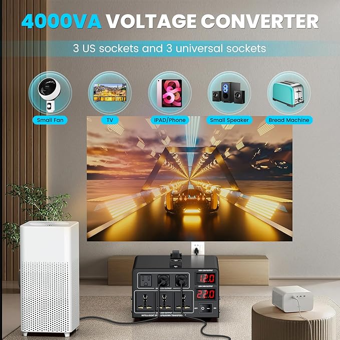 4000W Voltage Converter Transformer(110V to 220V or 220V to 110V) Step Up/Down Converter 110/120 Volt - 220/240 Volt w/US Power Cord,Circuit Breaker Protection, LCD Screen Display